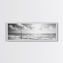 Beach Fishing, Ocean Waves, Rod and Reel, Framed Canvas Print, Coastal Living Wall Art, Minimalist Nautical Decor, Beach House Aesthetic
