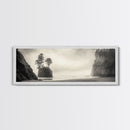 Foggy Beach, Coastal Pines, Ocean Cliffside, Nature Escape, Framed Canvas Print, Moody Wall Art, Living Room Decor, Pacific Northwest Style