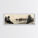 Misty Bay, Forested Coast, Moody Landscape, Serene Shoreline, Framed Canvas Print, Coastal Wall Art, Bedroom Decor, Earthy Tones