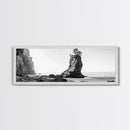 Sea Stack, Rugged Coast, Ocean Cliffside, Framed Canvas Print, Coastal landscape, Nature photography, Office wall art, Monochrome design