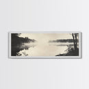 Misty River, Forest Reflection, Black and White Nature, Framed Canvas Print, Tranquil Decor, Bedroom Wall Art, Moody Minimalist Art