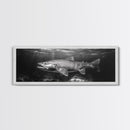 Underwater Fish, Lake Trout, Black and White Ocean, Framed Canvas Print, Coastal Bathroom Art, Fisherman Gift, Nautical Wall Decor