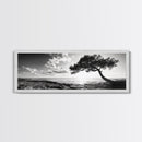 Lone Tree, Coastal Sunset, Ocean Horizon, Framed Canvas Print, Tranquil Landscape Art, Meditation Room Wall Art, Nature Zen Decor