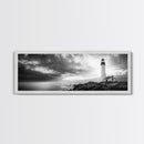 Dramatic Lighthouse Coast, Ocean Storm Horizon, Coastal Adventure, Framed Canvas Print, Living Room Wall Art, Nautical Fall Decor