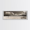 Beach Volleyball, Sand Court, Summer Fun, Tropical Clouds, Framed Canvas Print, Sports Room Wall Art, Coastal Decor, Sepia Beach Art