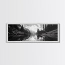 Alpine Lake Scene, Black and White Forest, Serene Mountain Print, Framed Canvas Print, Rustic Wall Art, Cabin Living Room Decor