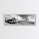 Seaside Bar, Beach Café, Oceanfront Dining, Cloudy Sky, Framed Canvas Print, Kitchen Wall Art, Black and White Tropical Art, Travel Decor