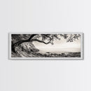 Tree By The Sea, Ocean Cliff, Black And White Nature, Framed Canvas Print, Coastal Wall Decor, Minimalist Art, Tranquil Bedroom Print
