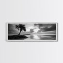Solitary Palm Tree, Ocean Storm, Moody Landscape, Beach Wall Decor, Framed Canvas Print, Coastal Living Room Art, Monochrome Photography