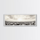 Pebble Shoreline, Soft Horizon, Beach Sunrise, Calm Coastal Decor, Framed Canvas Print, Neutral Tones, Bedroom Wall Art, Nature Minimalism