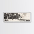 Pine Forest Coast, Tranquil Wilderness, Shoreline Trees, Earthy Coastal Scene, Framed Canvas Print, Rustic Wall Art, Autumn Cabin Decor