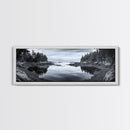 Forest Inlet, Calm Waters, Rocky Shore, Framed Canvas Print, Pacific Northwest Wall Art, Neutral Decor, Nature Photography, Rustic Vibes