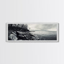 Misty Coast, Rocky Shore, Moody Seascape, Framed Canvas Print, Coastal Wall Art, Nature Photography, Rustic Bedroom Decor, Cabin Style