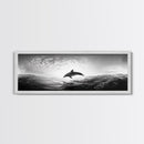 Ocean Dolphin Jump, Seascape Art, Black White Photography, Coastal Wall Decor, Canvas Print, Minimalist Bathroom Wall Art, Nautical Style
