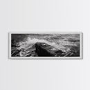 Crashing Waves Rock, Coastal Seascape, Ocean Photography, Black White Art, Framed Canvas Print, Nautical Bathroom Wall Decor