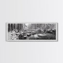 River Stream, Snow Forest, Winter Tranquility, Canvas Print, cozy cabin art, hygge home decor, Christmas wall art, woodland minimalist art