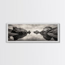 Rock Reflection, Coastal Tranquility, Nature Mirror, Framed Canvas Print, black and white coastal art, zen bathroom decor, moody ocean wall art