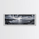 Cloudy Horizon, Wide Ocean View, Coastal Cliffs, Framed Canvas Print, dramatic seascape wall art, coastal kitchen decor, black and white