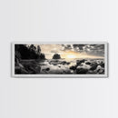 Sunset Shoreline, Moody Rocks, Forested Coast, Framed Canvas Print, nature lover gift, fall coastal art, rustic bathroom wall decor