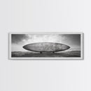 Surfboard Alone, Beach Sand, Cloudy Sky, Framed Canvas Print, minimalist surf art, coastal man cave decor, surf lover gift idea
