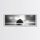 Seaside Rock Monolith, Ocean Landscape, Dramatic Sky Photography, Framed Canvas Print, Moody Wall Art, Minimalist Home Decor