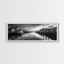 Fishing Dock, Quiet Marina, Waterside Village, Canvas Print, Nautical Wall Art, Lake House Decor, Black and White Photography