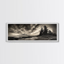 Mountain Shoreline, Stormy Sky, Forest Edge, Canvas Print, Wilderness Landscape Art, Cabin Decor, Moody Nature Photography