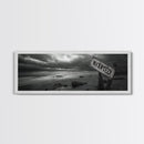 Stormy Beach, Weathered Sign, Moody Ocean, Black and White Photography, Framed Canvas Print, Coastal Gothic Wall Art, Autumn Decor