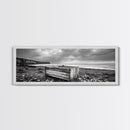 Rocky Beach, Driftwood Crate, Stormy Sky Seascape, Framed Canvas Print, Coastal Rustic Decor, Bathroom Wall Art, Monochrome Style