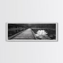 Water Lily, Peaceful Pond, Wooden Dock, Framed Canvas Print, Zen Wall Art, Meditation Room Decor, Black and White Nature Art