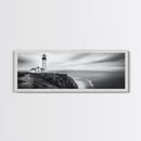 Lighthouse Serenity, Coastal Fog, Ocean Horizon, Canvas Print, Black and White Decor, Office Wall Art, Nautical Theme, Moody Photography