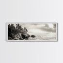 Windy Pines, Rocky Shoreline, Ocean Wilderness, Canvas Print, Vintage Nature Photography, Hallway Wall Art, Outdoor Adventure Vibe