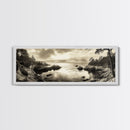 Hidden Cove Sunset, Rocky Seascape, Coastal Tranquility, Framed Canvas Print, Forest Edge, Moody Living Room Wall Art, Seaside Escape