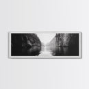 Misty Canyon, River Passage, Tranquil Adventure, Canvas Print, Nature Escape Wall Art, Zen Office Decor, Moody Black and White Style