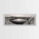 Desert Pool, Reflected Sky, Rugged Terrain, Monochrome Minimalism, Framed Canvas Print, Earthy Wall Art, Neutral Bedroom Decor