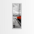 Vibrant Boat, Dockside Scene, Nautical Decor, Color Accent, Framed Canvas Print, Black and White Photography, Coastal Wall Art, Bathroom Art