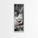 Red Hammock Escape, Nature Lake Art, Serene Moment, Outdoor Vibes, Framed Canvas Print Rustic Bedroom Wall Art, Minimalist Landscape