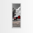 Red Barn, Black Horse, Country Charm, Rustic Farm Framed Canvas Print, farmhouse wall decor, autumn art, rustic bedroom wall art