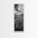 Blue Lupine, Wildflower Meadow, Cloudy Sky, Spring Bloom Framed Canvas Print, floral nature art, botanical hallway wall decor
