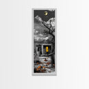 Haunted Cabin, Yellow Light, Full Moon, Framed Canvas Print, Halloween Wall Art, Gothic Decor, Spooky Home Accent, Fall Vibes