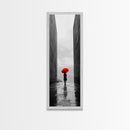 Red Umbrella, Rainy Day, Urban Silhouette, Framed Canvas Print, Minimalist Wall Art, Modern Entryway Decor, Monochrome Mood
