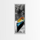 Blue and Yellow Canoe, Calm River Reflections, Rustic Boat Scene, Framed Canvas Print, Autumn Wall Art, Nature Inspired Decor