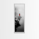 Misty Lighthouse View, Red Beacon Decor, Coastal Minimalist Art, Framed Canvas Print, Modern Seascape Living Room Wall Decor