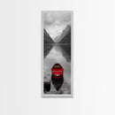 Red Canoe, Mountain Lake, Minimalist Reflection, Snowy Peaks, Framed Canvas Print, Nordic Cabin Wall Art, Serene Bedroom Decor