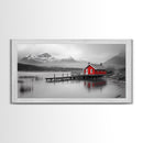 Red Cabin, Lake House, Mountain Reflection, Framed Canvas Print, Nordic Art, Winter Landscape, Bedroom Wall Art, Modern Minimalist Decor