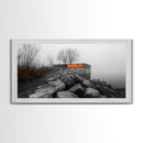 Fog Wall, Concrete Graffiti, Misty Lake Path, Framed Canvas Print, Urban Nature Blend, Moody Art, Hallway Decor, Modern Grayscale Style