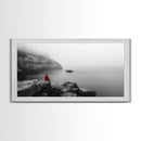 Red Hoodie, Ocean Cliff, Misty Silence, Framed Canvas Print, Minimalist Solitude Art, Mental Health Awareness, Bedroom Wall Decor, Calm Scene