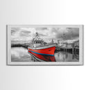 Red Boat, Dock Reflections, Moody Sky, Harbor Life, Framed Canvas Print, Nautical Wall Decor, Coastal Art, Living Room Art, Maritime Style