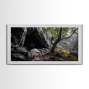 Forest Cave, Green Tree, Yellow Wildflowers, Peaceful Nature, Framed Canvas Print, Rustic Wall Decor, Cabin Living Room Art, Landscape