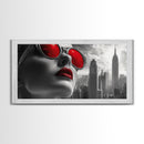 Red Lips, Urban Glam, High Fashion, City Vibes – Framed Canvas Print, Modern Pop Art, Living Room Wall Art, Bold Aesthetic, Edgy Decor